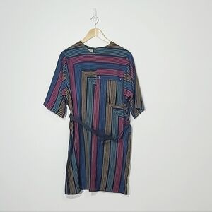 Retro Vintage Linen Cotton Blend Multicolored Stripped Belt Short Sleeved Dress